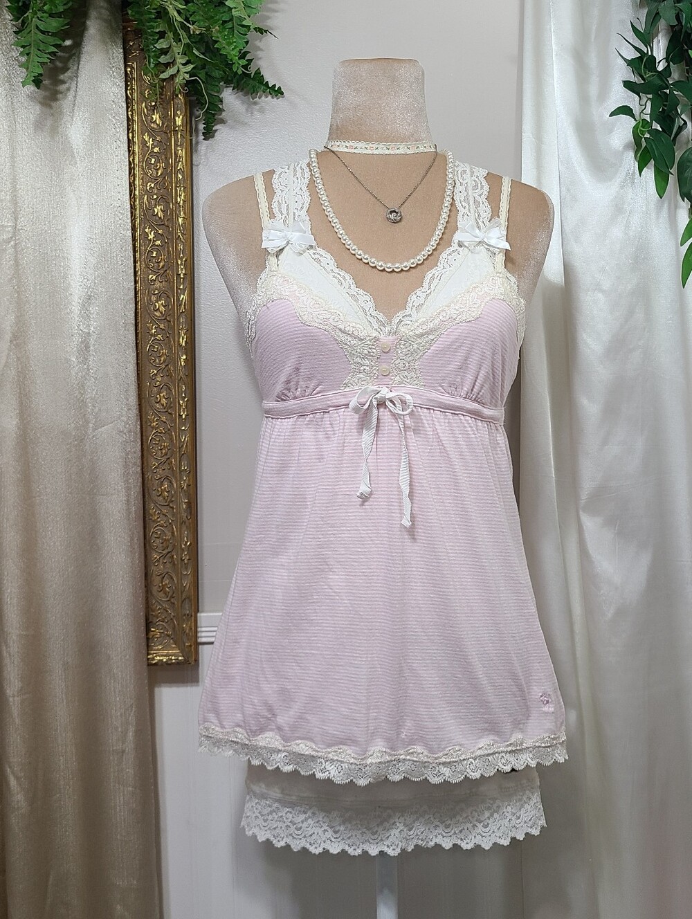 Extremely Rare ♡ Y2K ♡ Abercrombie Baby Pink Striped Waist Tie Lace Babydoll